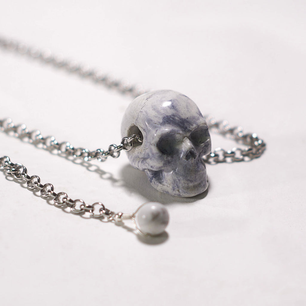 Skull Pendant bonded marble howlite and steel chain
