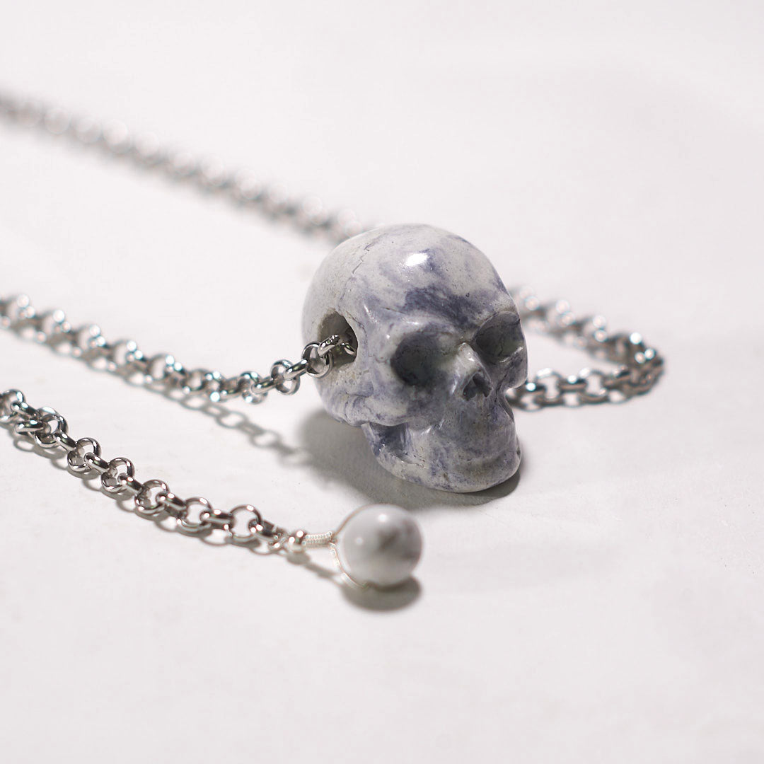 Skull Pendant bonded marble howlite and steel chain