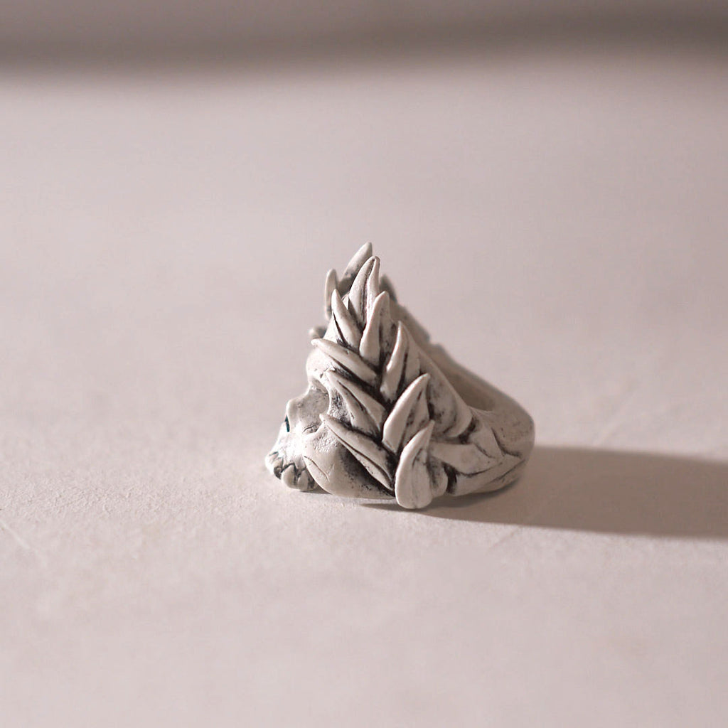 white gothic skull and leaf ring