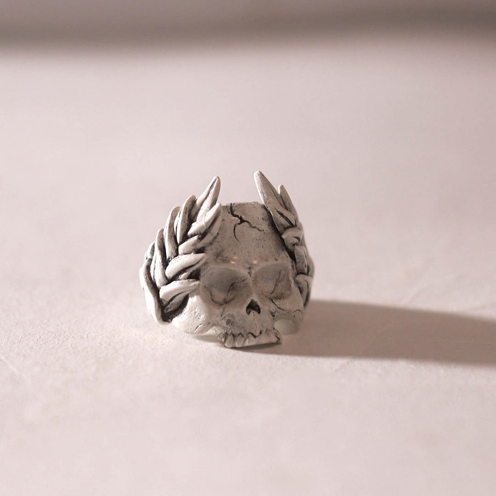 Gothic bonded marble Laurel Wreath Skull Ring