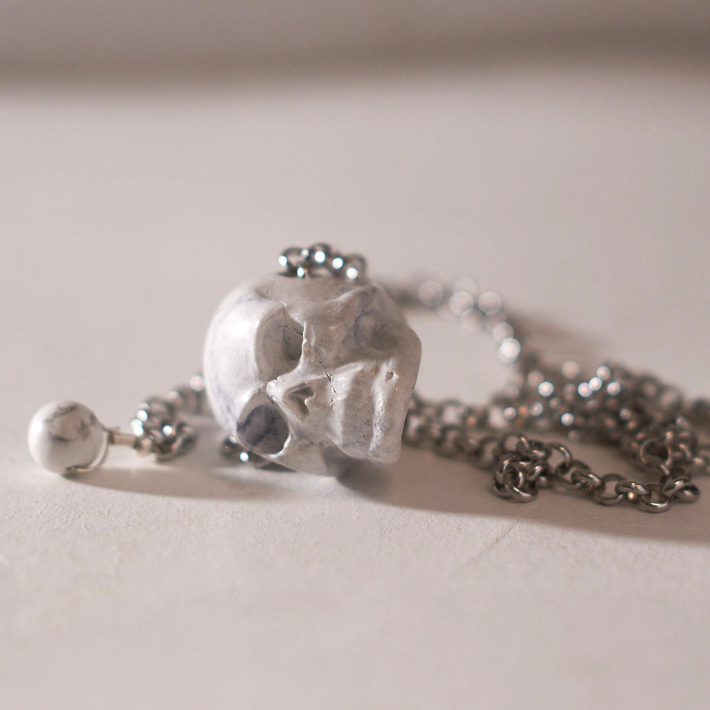 skull pendant gothic jewelry howlite and steel chain