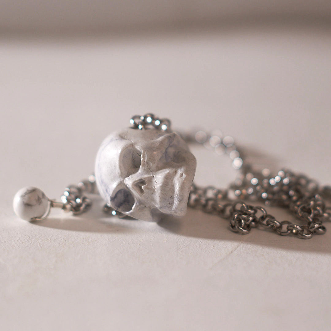 skull pendant gothic jewelry howlite and steel chain