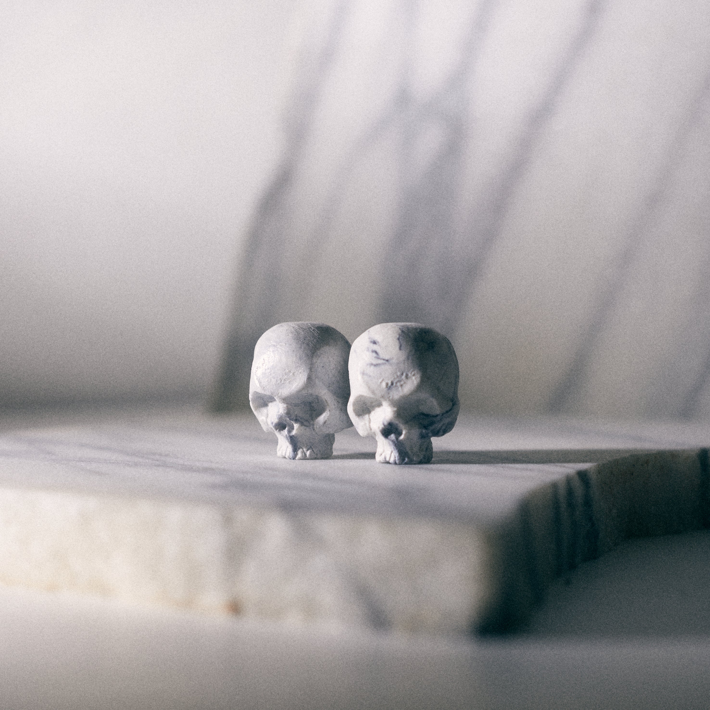 skull pins on carrara marble background