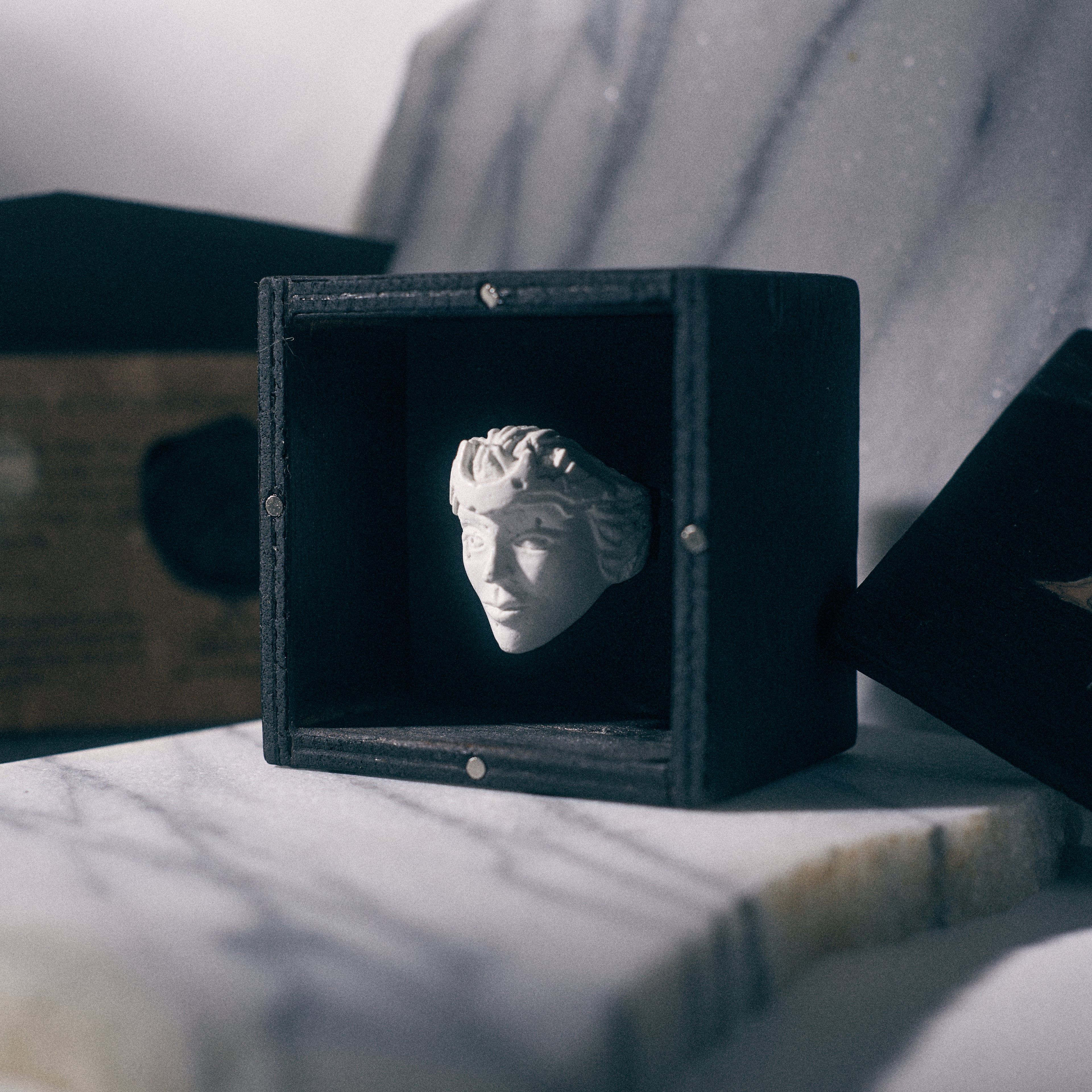 mini sculpture moon goddess ring on yakisugi box